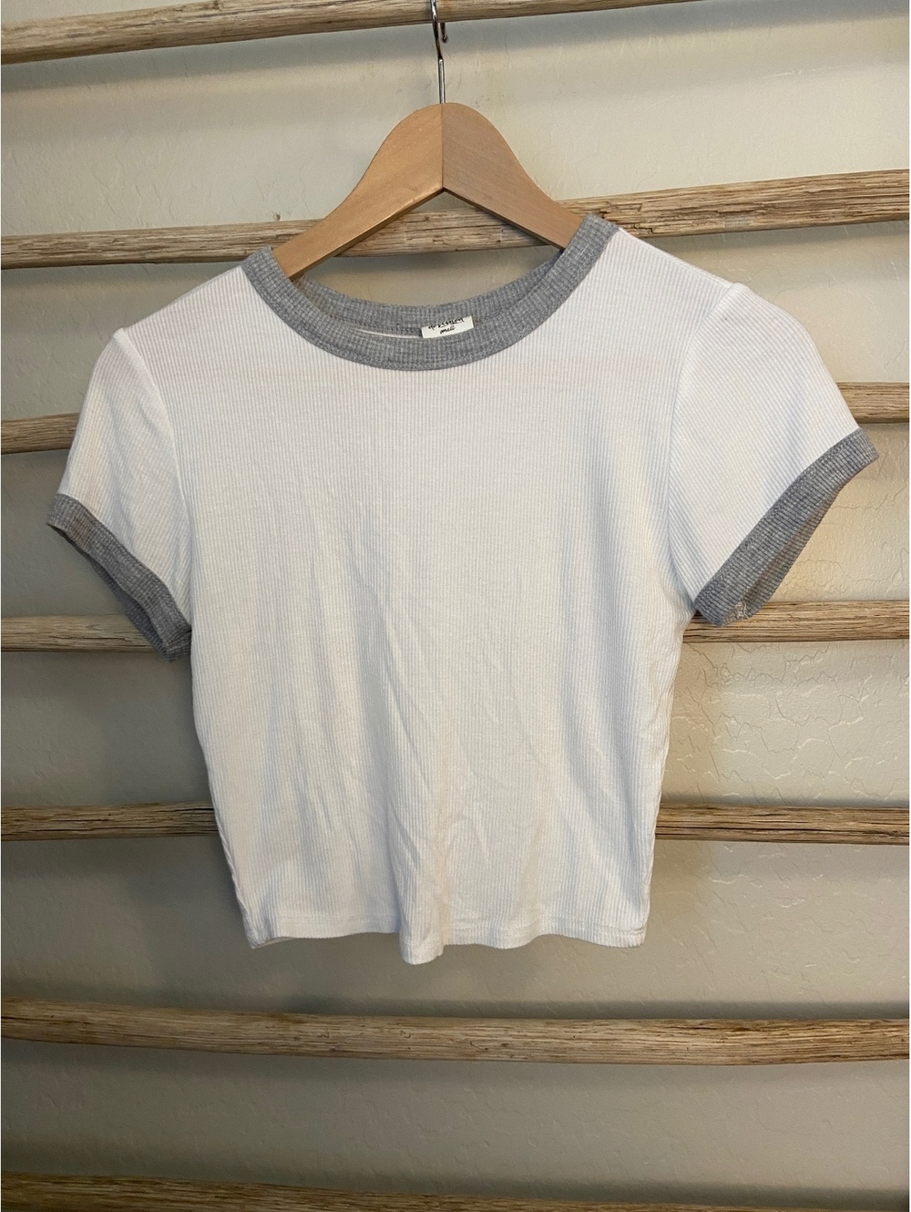 destined Small White Ribbed Crop Top with Gray Trim
